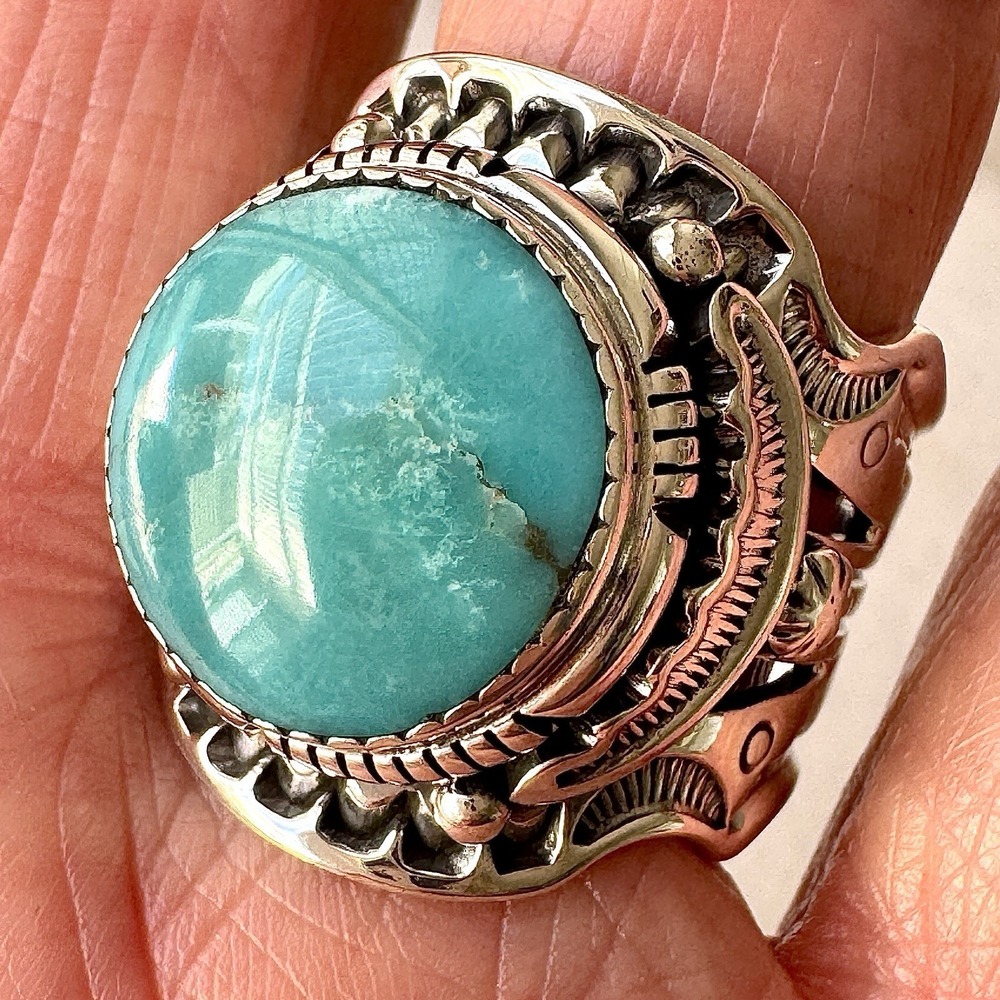 BIG Navajo Mens Turquoise Ring Sz 11 Wide Band Signed Lee Sterling Native Amer‎